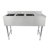A stainless steel 3 compartment sink with deep square basins and a right drainboard, ideal as an underbar sink. Features four sturdy legs, a backsplash with two faucet holes, and the Empura brand on the drainboard’s top right corner.