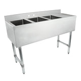 A commercial stainless steel 3 compartment sink with a backsplash and four sturdy legs. Each rectangular compartment is ideal for washing, rinsing, and sanitizing dishes in restaurant or industrial kitchen settings. The sink appears clean and unused.