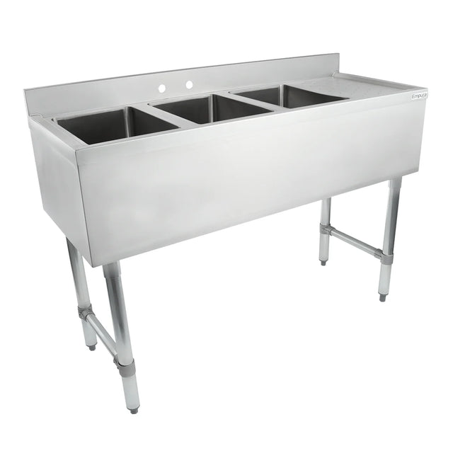 A commercial stainless steel 3 compartment sink with a backsplash and four sturdy legs. Each rectangular compartment is ideal for washing, rinsing, and sanitizing dishes in restaurant or industrial kitchen settings. The sink appears clean and unused.