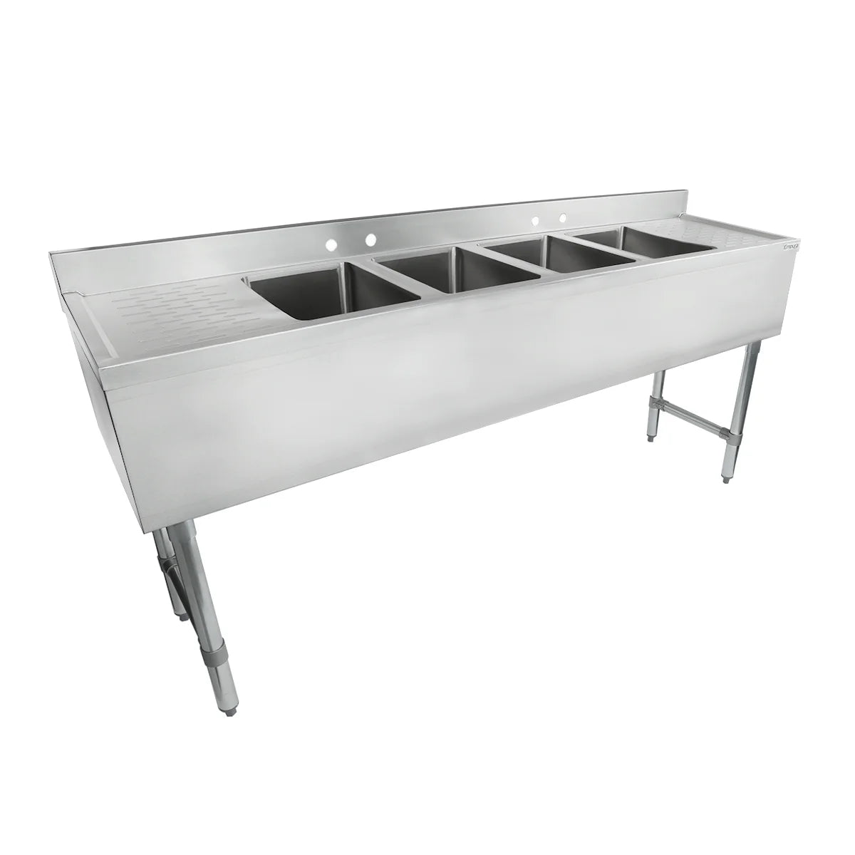 A large commercial 4 compartment sink with four deep rectangular basins, a left-side drainboard with ridges, and sturdy legs for support. The backsplash has three faucet holes, giving this stainless steel sink a modern industrial appearance.