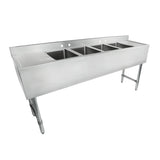 A large commercial 4 compartment sink with four deep rectangular basins, a left-side drainboard with ridges, and sturdy legs for support. The backsplash has three faucet holes, giving this stainless steel sink a modern industrial appearance.