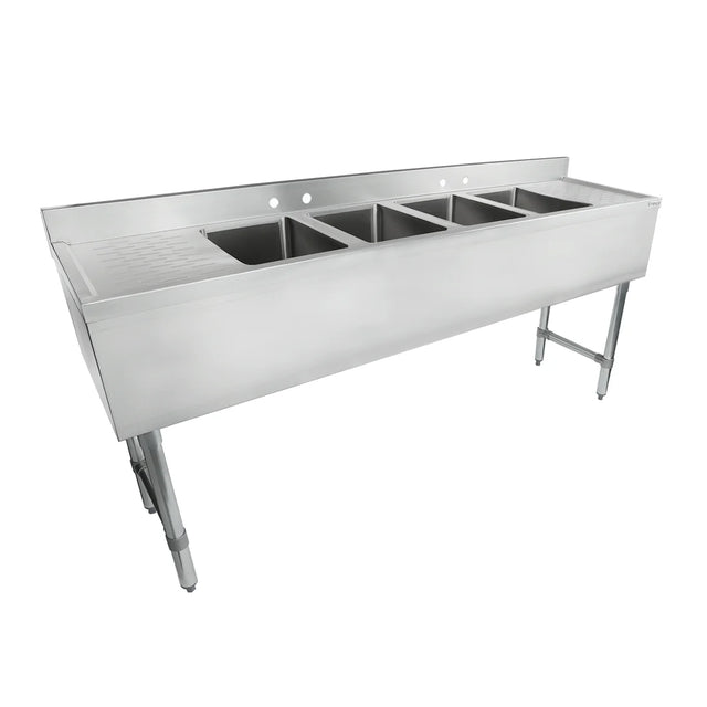 A large commercial 4 compartment sink with four deep rectangular basins, a left-side drainboard with ridges, and sturdy legs for support. The backsplash has three faucet holes, giving this stainless steel sink a modern industrial appearance.