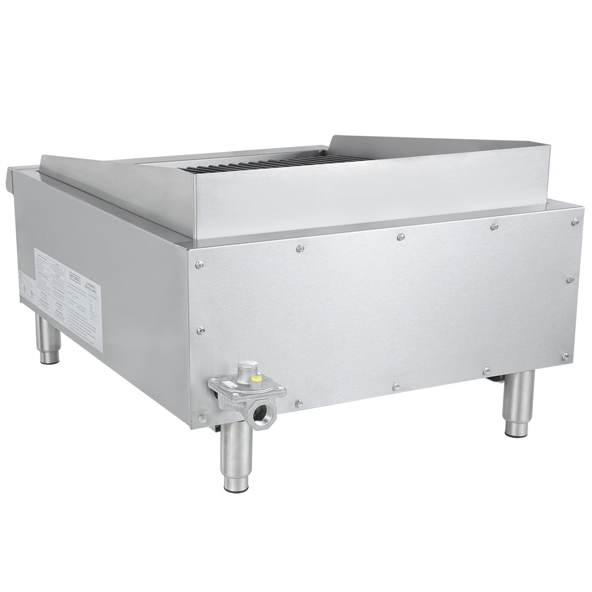 An Empura charbroiler with four sturdy legs, a gas valve on the lower left front, ridged grilling surface, and raised back and side splash guards. This stainless steel countertop charbroiler also features a label affixed to the left side.