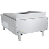 An Empura charbroiler with four sturdy legs, a gas valve on the lower left front, ridged grilling surface, and raised back and side splash guards. This stainless steel countertop charbroiler also features a label affixed to the left side.