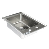A rectangular stainless steel sink with two circular faucet holes and a central drain hole. This drop in sink features smooth, reflective surfaces, a flat rim, and the Empire brand logo on the front edge.