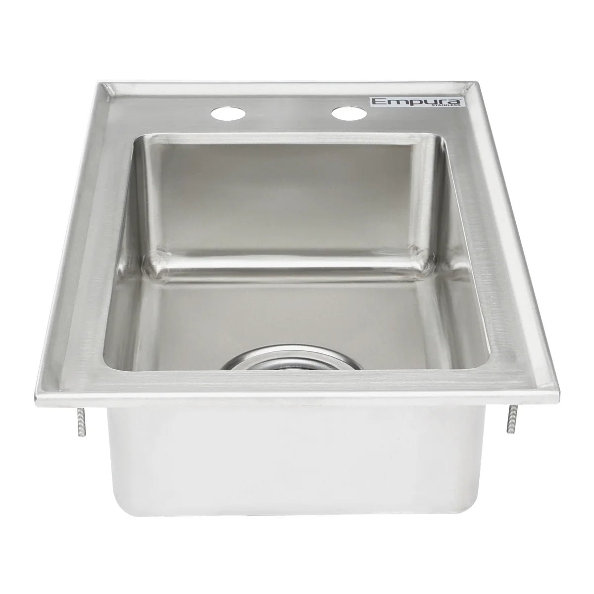 A stainless steel drop in sink with a rectangular basin, two faucet mounting holes on the back ledge, and an Empura logo in the top right corner. This 1 compartment sink features a flat rim and a central drain opening at the bottom.