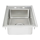 A stainless steel drop in sink with a rectangular basin, two faucet mounting holes on the back ledge, and an Empura logo in the top right corner. This 1 compartment sink features a flat rim and a central drain opening at the bottom.