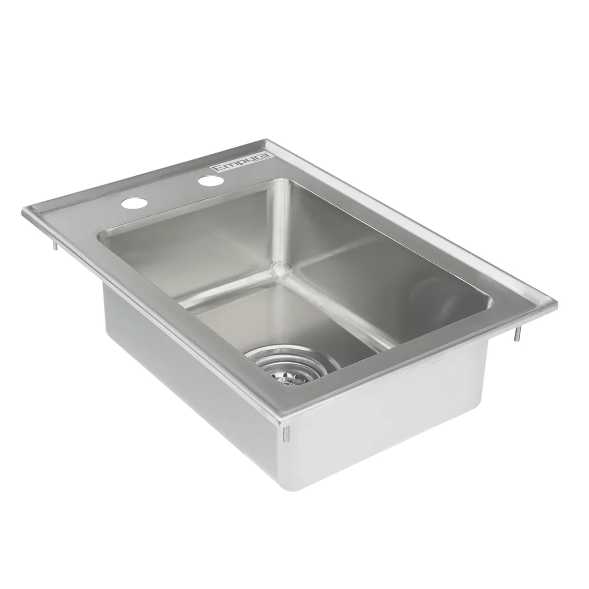 A stainless steel sink with a deep single basin, this 1 compartment drop in sink features two pre-drilled faucet holes on the back edge and a round drain opening with a strainer insert, shown from an angled overhead view.