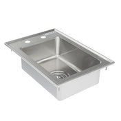 A stainless steel sink with a deep single basin, this 1 compartment drop in sink features two pre-drilled faucet holes on the back edge and a round drain opening with a strainer insert, shown from an angled overhead view.