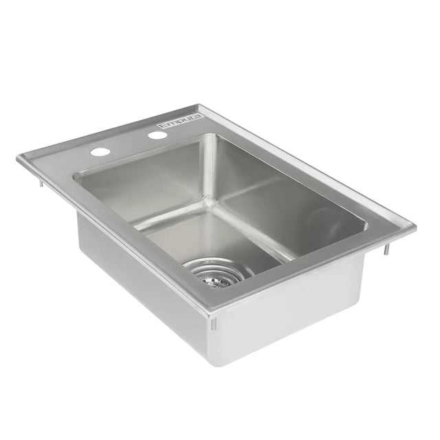 A stainless steel sink with a deep single basin, this 1 compartment drop in sink features two pre-drilled faucet holes on the back edge and a round drain opening with a strainer insert, shown from an angled overhead view.