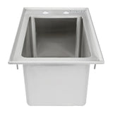 A rectangular, NSF-certified stainless steel sink with a deep basin and wide rim. This drop in sink has two faucet holes at the back edge. The Empura brand name is engraved on the top right corner of the clean, uninstalled rim.