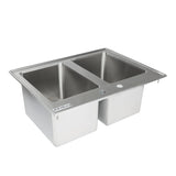 This Emtex stainless steel drop in sink features 2 compartments with sharp rectangular edges and a smooth, reflective surface. Both equal-sized basins are deep, and the mounting flange includes a faucet hole. The Emtex logo is on the front left corner.