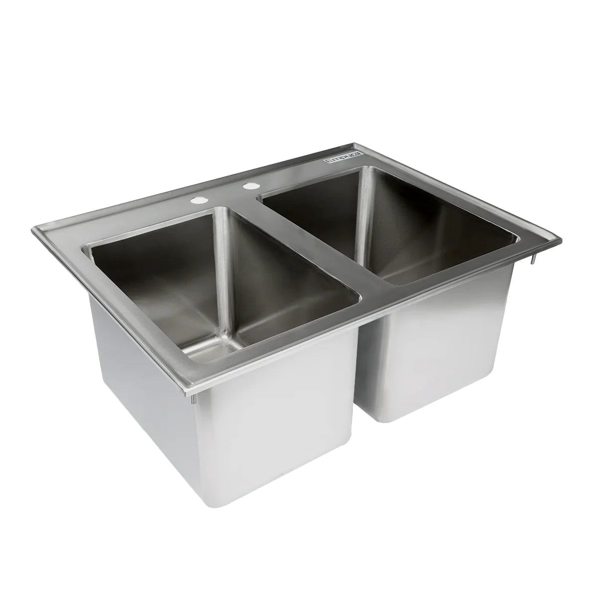 A stainless steel 2 compartment drop in sink with a rectangular rim, two deep square bowls, and two faucet holes on the back ledge, viewed at an angle on a white background.