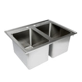 A stainless steel 2 compartment drop in sink with a rectangular rim, two deep square bowls, and two faucet holes on the back ledge, viewed at an angle on a white background.