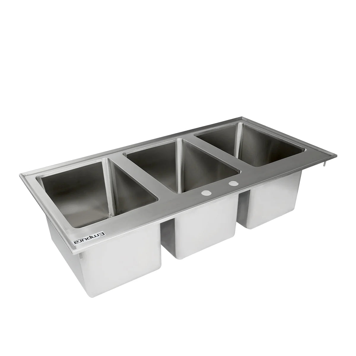 A stainless steel 3 compartment sink with rectangular basins arranged side by side, commonly used in commercial kitchens for washing, rinsing, and sanitizing. The smooth surface includes two small circular holes in the back edge for fixtures.