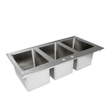 A stainless steel 3 compartment sink with rectangular basins arranged side by side, commonly used in commercial kitchens for washing, rinsing, and sanitizing. The smooth surface includes two small circular holes in the back edge for fixtures.