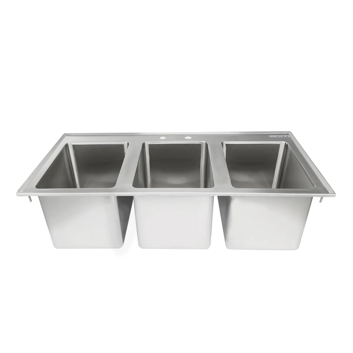 A 3 compartment stainless steel sink with deep rectangular basins set side by side in a single frame. This drop in sink features a flat rim and two faucet holes on the back edge, ideal for kitchens or food service settings.