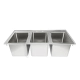 A 3 compartment stainless steel sink with deep rectangular basins set side by side in a single frame. This drop in sink features a flat rim and two faucet holes on the back edge, ideal for kitchens or food service settings.