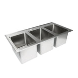 Stainless steel 3 compartment sink with deep rectangular basins, viewed from a slightly elevated angle. This heavy-duty, drop in sink features a flat rim and two faucet holes—ideal for kitchens or food service environments.