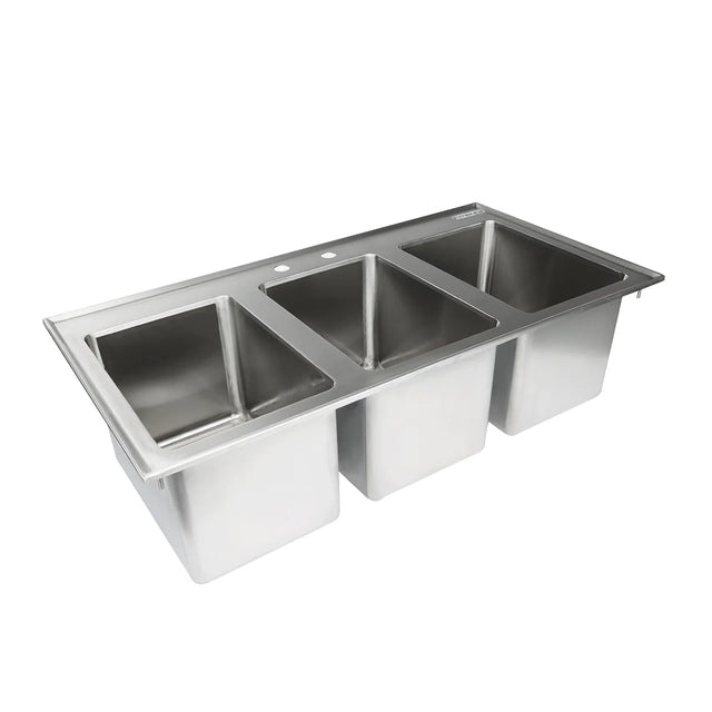 Stainless steel 3 compartment sink with deep rectangular basins, viewed from a slightly elevated angle. This heavy-duty, drop in sink features a flat rim and two faucet holes—ideal for kitchens or food service environments.