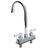 The Empura deck mount faucet features a shiny chrome finish, dual lever handles with blue and red markers, and a swivel gooseneck spout. Its sturdy base includes two threaded mounts for secure installation.