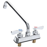 A shiny, stainless deck mount faucet with a tall, curved swing spout and two lever handles—blue for cold, red for hot. The base features two threaded male connectors for easy installation.