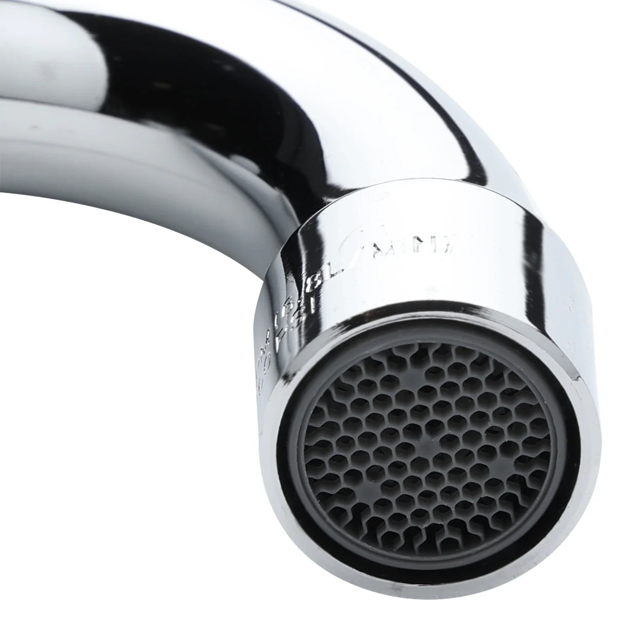 Close-up of a shiny, curved stainless deck mount faucet spout with a circular aerator. The aerator features a honeycomb-like mesh pattern, and reflections appear on the metal surface. The background is plain and white.