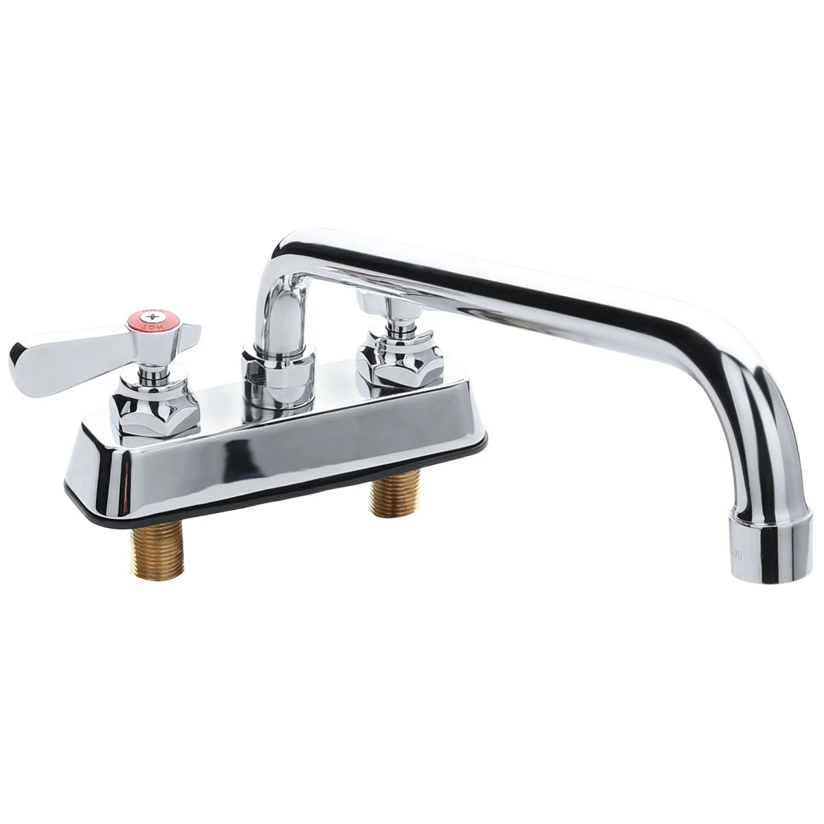 A sleek, modern deck mount faucet with a stainless metallic finish, high-arched swing spout, two hexagonal bases with visible threaded brass connections, and a single lever handle on the left.