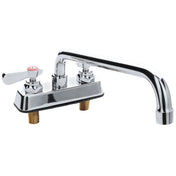 A sleek, modern deck mount faucet with a stainless metallic finish, high-arched swing spout, two hexagonal bases with visible threaded brass connections, and a single lever handle on the left.