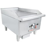 A stainless steel countertop griddle with raised side and back splashes, a front control knob, and the Empura brand name. This standard duty gas griddle features sturdy legs and a flat cooking surface, perfect for busy commercial kitchens.