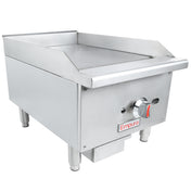 A stainless steel countertop griddle with raised side and back splashes, a front control knob, and the Empura brand name. This standard duty gas griddle features sturdy legs and a flat cooking surface, perfect for busy commercial kitchens.