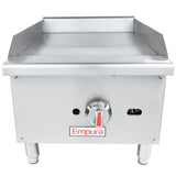A stainless steel Standard Duty Gas Griddle with a flat cooking surface, upturned sides and back, control knob, and short legs. The front features a red-and-white Empura logo and a vent slot on the right side. Perfect as a countertop griddle.