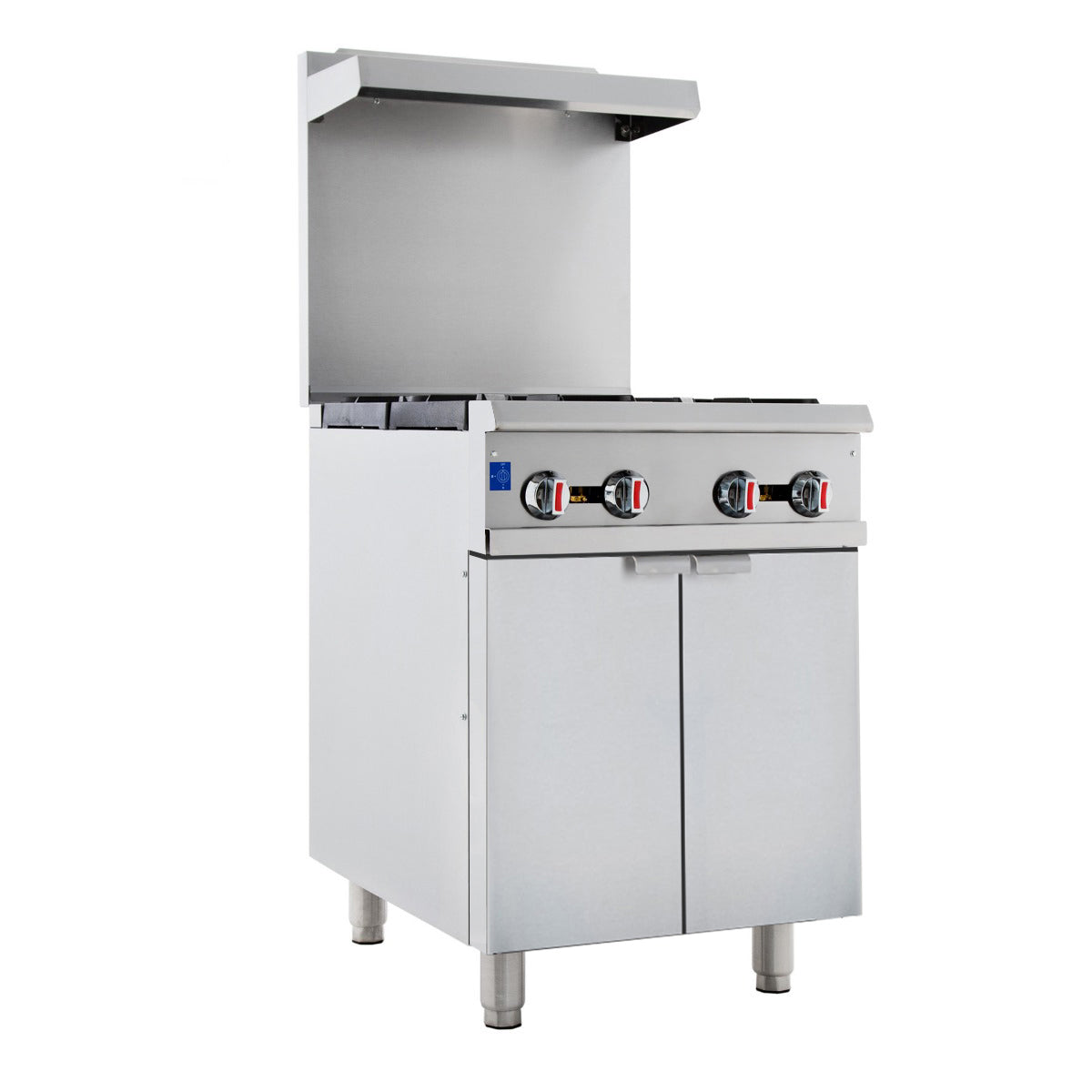 A commercial stainless steel gas range with three black control knobs, an overhead backsplash, two-door storage cabinet below, and four sturdy legs. This modern cabinet range oven features a raised back panel and closed lid above the burners.