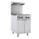 A commercial stainless steel gas range with three black control knobs, an overhead backsplash, two-door storage cabinet below, and four sturdy legs. This modern cabinet range oven features a raised back panel and closed lid above the burners.