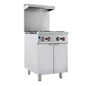 A commercial stainless steel gas range with three black control knobs, an overhead backsplash, two-door storage cabinet below, and four sturdy legs. This modern cabinet range oven features a raised back panel and closed lid above the burners.