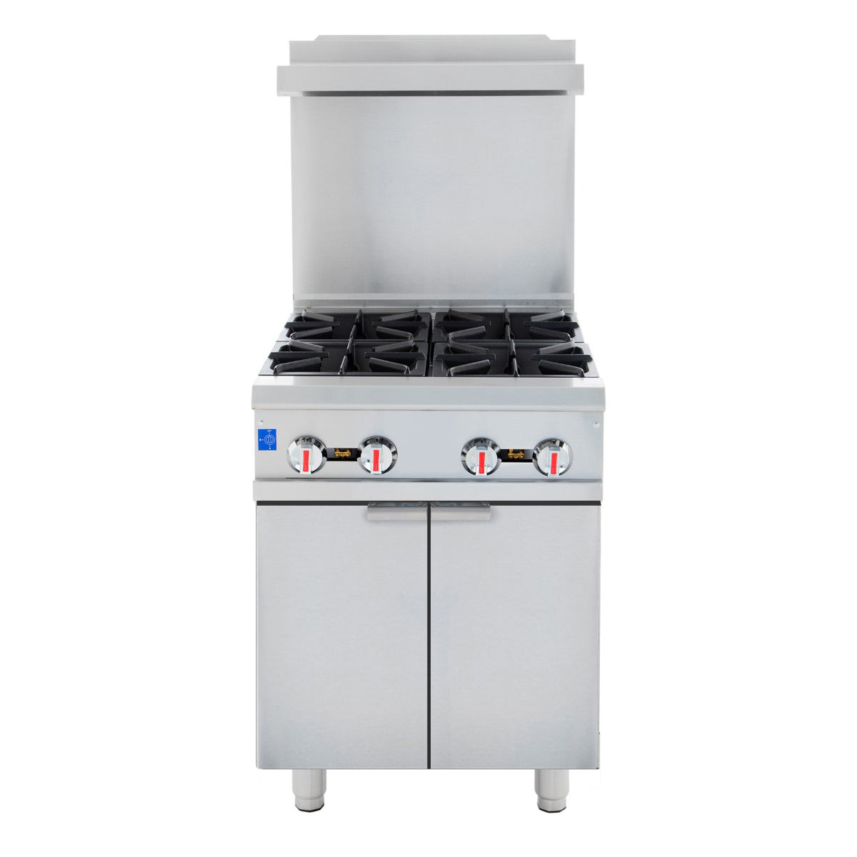 A stainless steel commercial gas range with four black burner grates, control knobs on the front panel, a raised backsplash, and a double-door cabinet range oven below for storage. The functional, industrial design is ideal for any professional kitchen.