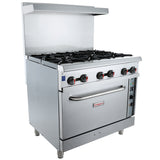 A stainless steel Emura commercial natural gas range with four burners, black control knobs, an oven below, and a backsplash. Sturdy metal legs complete this single base gas range, ideal for busy kitchens.