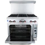 A commercial stainless steel convection oven range with six burners on top, four control knobs, and an open oven door revealing two wire racks inside. Control buttons and indicator lights are on the right side of this natural gas unit.