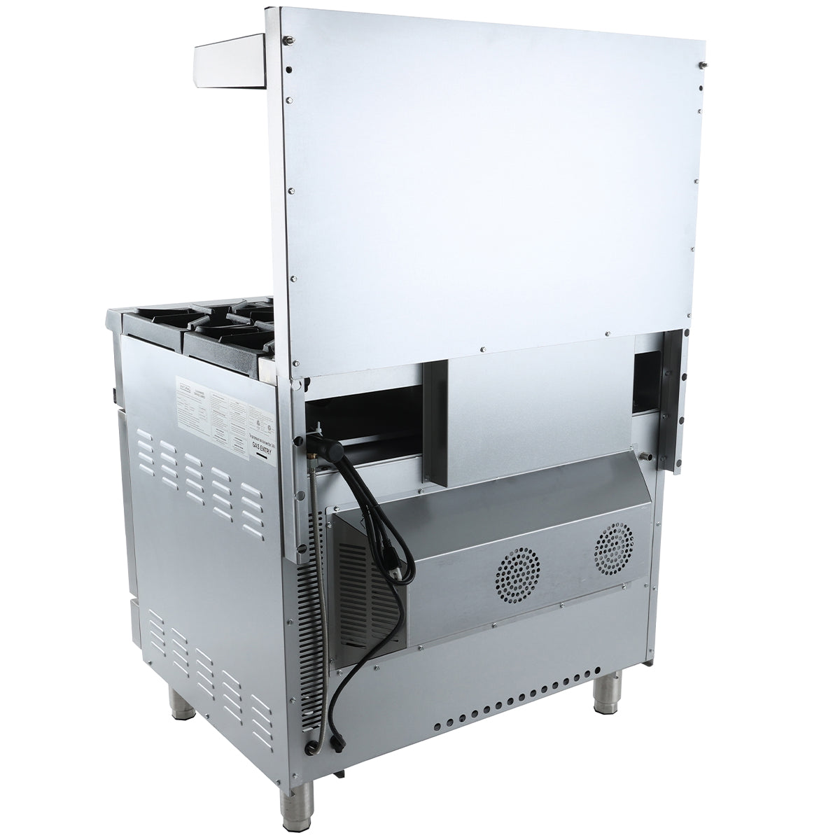 A commercial kitchen appliance with a stainless steel exterior is shown from the back. The industrial surface belongs to a single base gas range with ventilation slots, two cooling fans, sturdy metal legs, and a high metal backsplash.