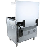 A commercial kitchen appliance with a stainless steel exterior is shown from the back. The industrial surface belongs to a single base gas range with ventilation slots, two cooling fans, sturdy metal legs, and a high metal backsplash.