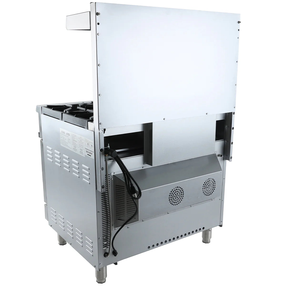 A commercial stainless steel kitchen appliance, like the Empura EGR-36 single base gas range, viewed from the back with ventilation slots, an attached power cord, two cooling fans, four sturdy legs, and a flat upper section with a partial side panel.