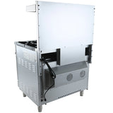 A commercial stainless steel kitchen appliance, like the Empura EGR-36 single base gas range, viewed from the back with ventilation slots, an attached power cord, two cooling fans, four sturdy legs, and a flat upper section with a partial side panel.