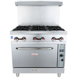 A commercial stainless steel Empura EGR-36 single base gas range with six black burner grates, red and black control knobs, a natural gas oven door with handle, and a raised backsplash; control panel and indicators are on the right.