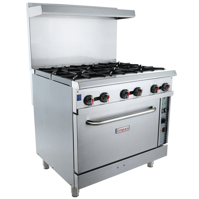 A large Empura EGR-36 single base gas range features six burners, a natural gas oven below, a control panel with black and red knobs, a raised backsplash, and sturdy metal legs—perfect for any professional kitchen.