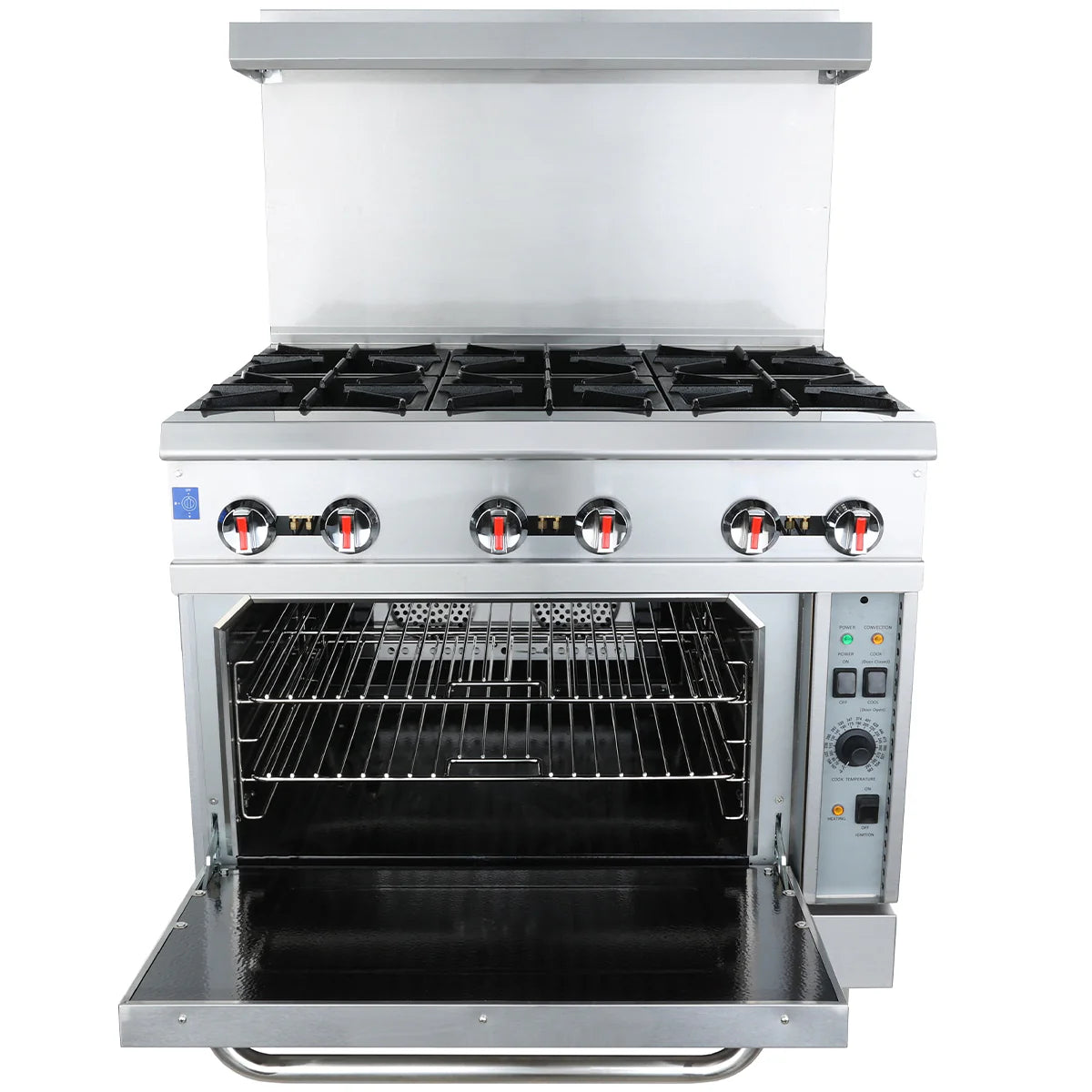 The Empura EGR-36 is a commercial stainless steel single base gas range with six burners, red and black control knobs, and a natural gas oven below with two wire racks. The oven door is pulled down flat, with control buttons and lights on the right side.