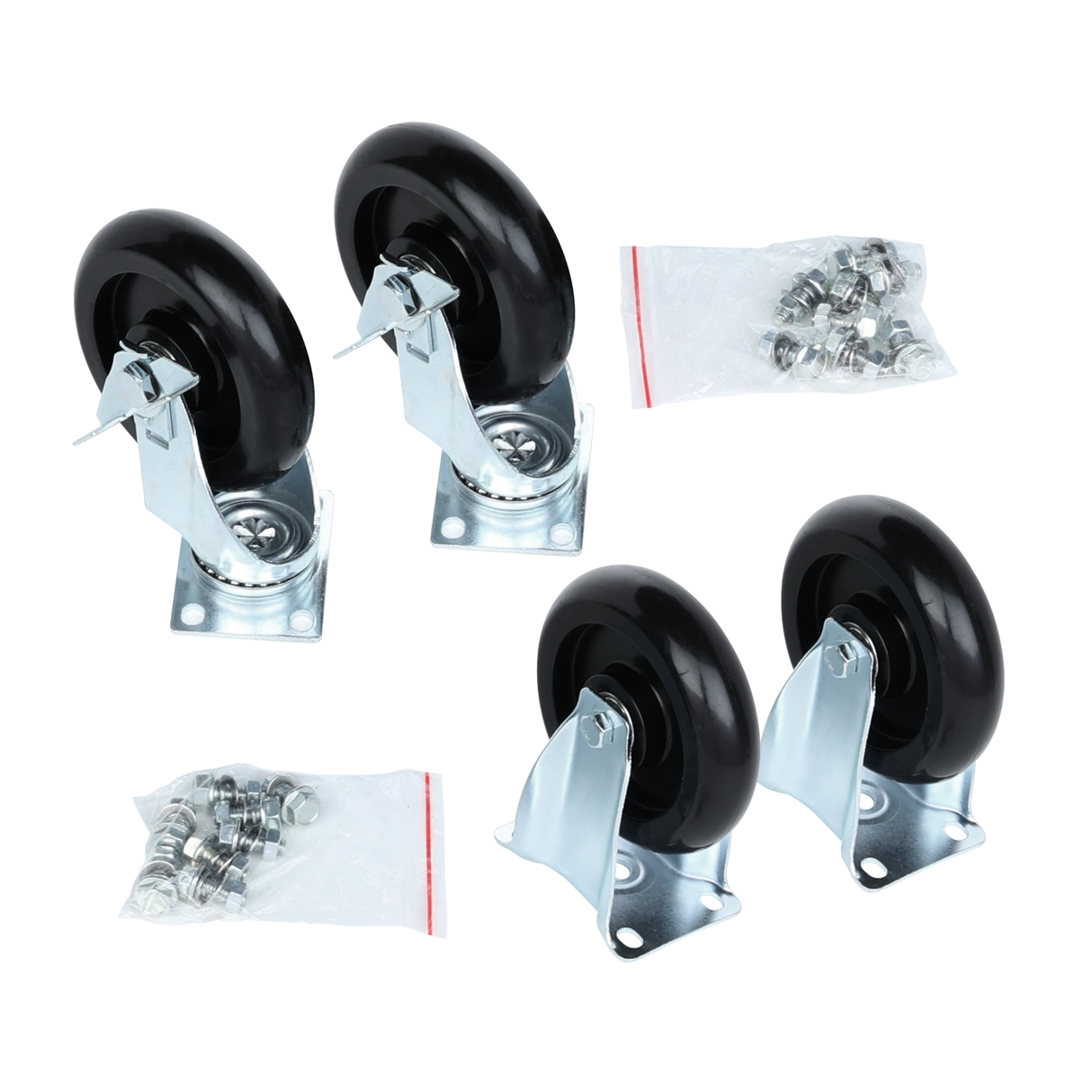 Four black Empura caster set wheels with metal brackets are displayed on a white background. Two wheels have braking mechanisms, while two do not. Three small plastic bags containing screws and bolts for assembly are included.
