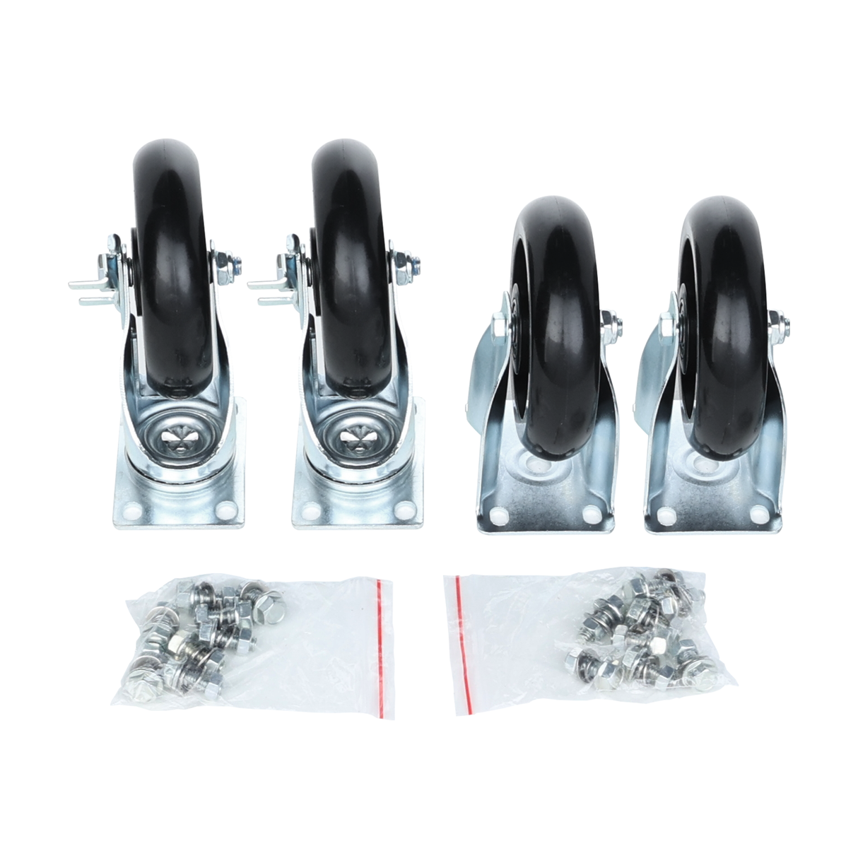 Four black swivel caster wheels with metal mounting plates are arranged in a row. Below them are two plastic bags with bolts and nuts for installation. This 4" Empura caster set is ideal for replacing or upgrading your Empura Equipment parts.