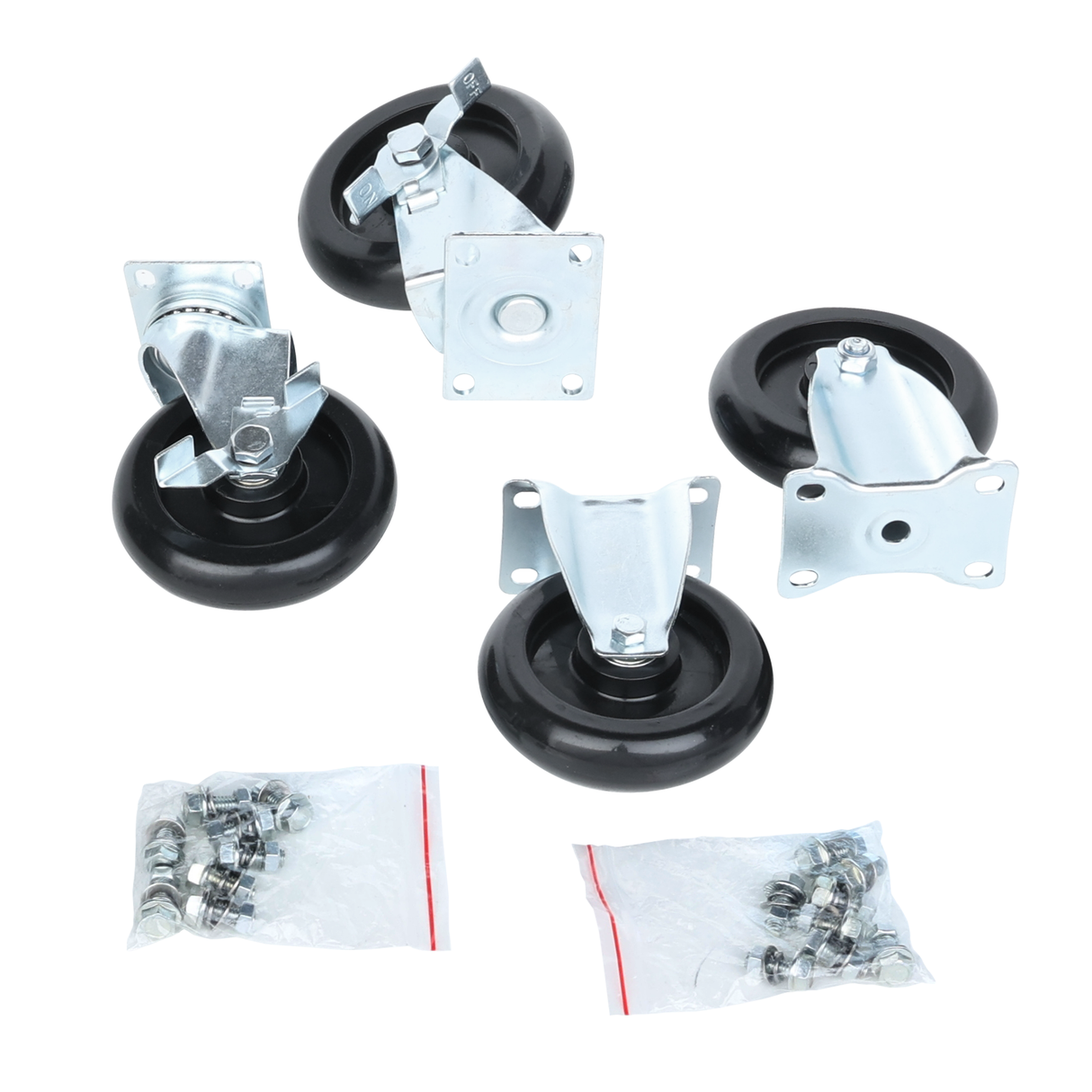 Four black and silver swivel casters with mounting plates are arranged on a white background. This Empura caster set includes two small plastic bags with screws and nuts for installation, making it ideal as Empura Equipment parts.