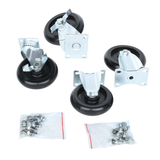 Four black and silver swivel casters with mounting plates are arranged on a white background. This Empura caster set includes two small plastic bags with screws and nuts for installation, making it ideal as Empura Equipment parts.