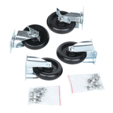 Four black and silver Empura caster set wheels, two with brakes and two without, are arranged on a white background. Three small plastic bags containing screws and nuts for assembly are placed in front—ideal as Empura Equipment parts.